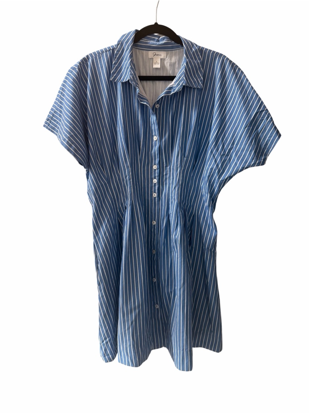 Blue and White Vertical Stripe Button-Front Shirt Dress